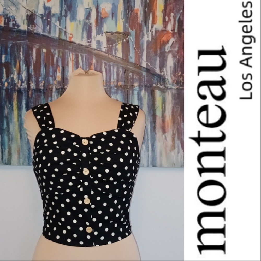Monteau Linen Blend Smock Back Crop Top, Polka Dots, Black 5/6